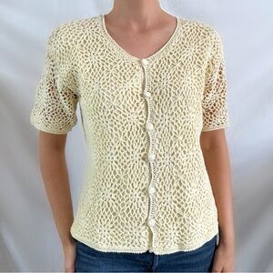 Vintage 80s crochet knit yellow button up blouse cardigans short sleeve cottage